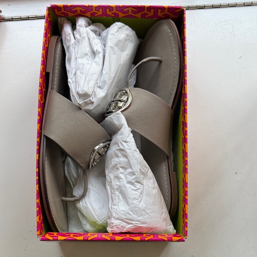 Tory Burch Taupe Sandals with Silver Logo - Picture 3 of 4